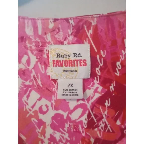 Ruby Rd Favorites Women's Top 2X Pink Love Letter V Neck 3/4 Sleeve - Picture 4 of 6